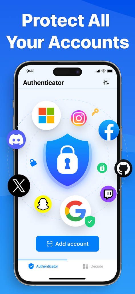 Authenticator app screen showing a security shield surrounded by popular platform logos for account protection