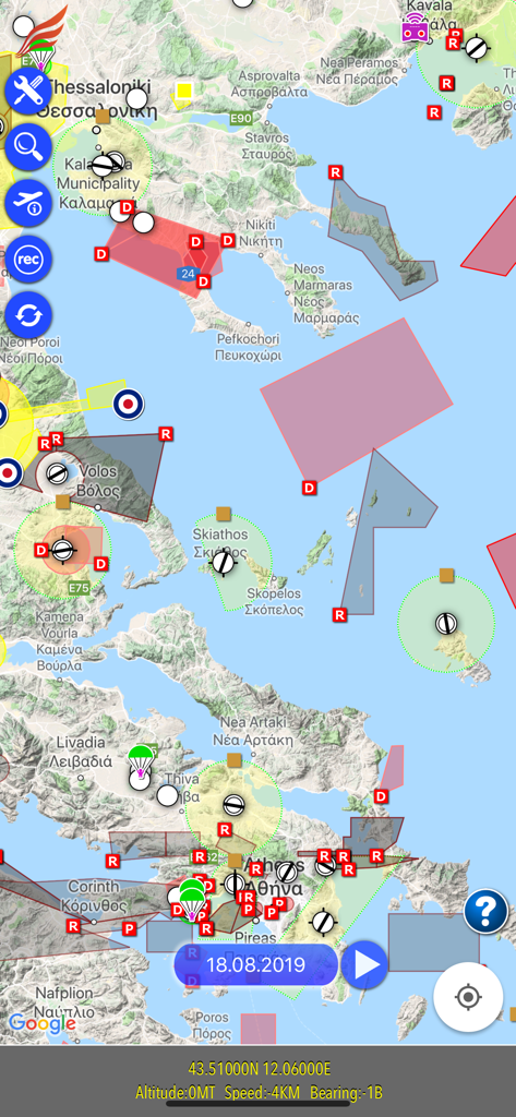 Aviation map of Greece showing colored flight restriction zones and NOTAM symbols