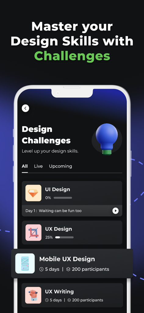 ProApp: Online Design Courses - ProApp mobile app interface showing design challenges for UI UX and mobile design