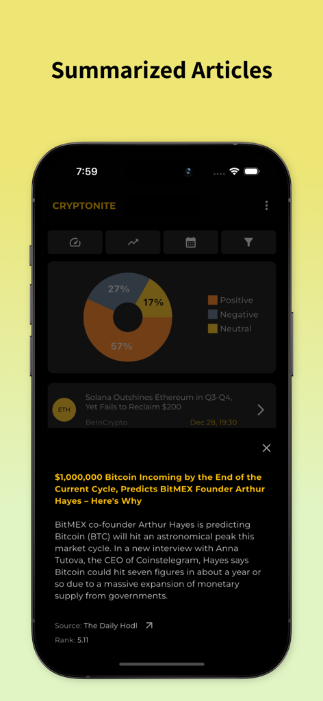 Cryptoniteモバイルアプリのインターフェース。市場センチメントチャートとビットコインに関する要約された暗号資産ニュース記事が表示されています。