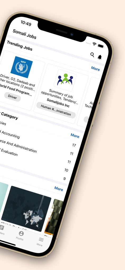 Capture d'écran de l'application Emplois Somaliens montrant les offres d'emploi tendances d'organisations internationales comme le Programme alimentaire mondial