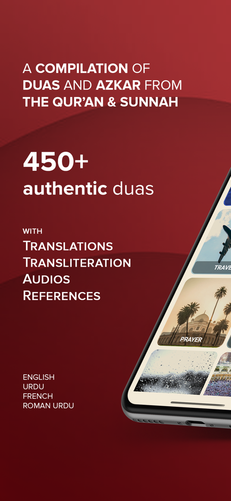 Hisnul Muslim app interface showing a compilation of over 450 authentic duas and azkar from the Quran and Sunnah