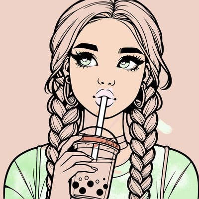 realistic girl with braided hair drinking boba