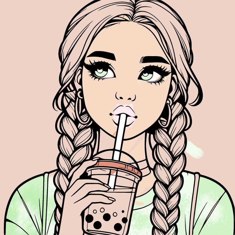 realistic girl with braided hair drinking boba
