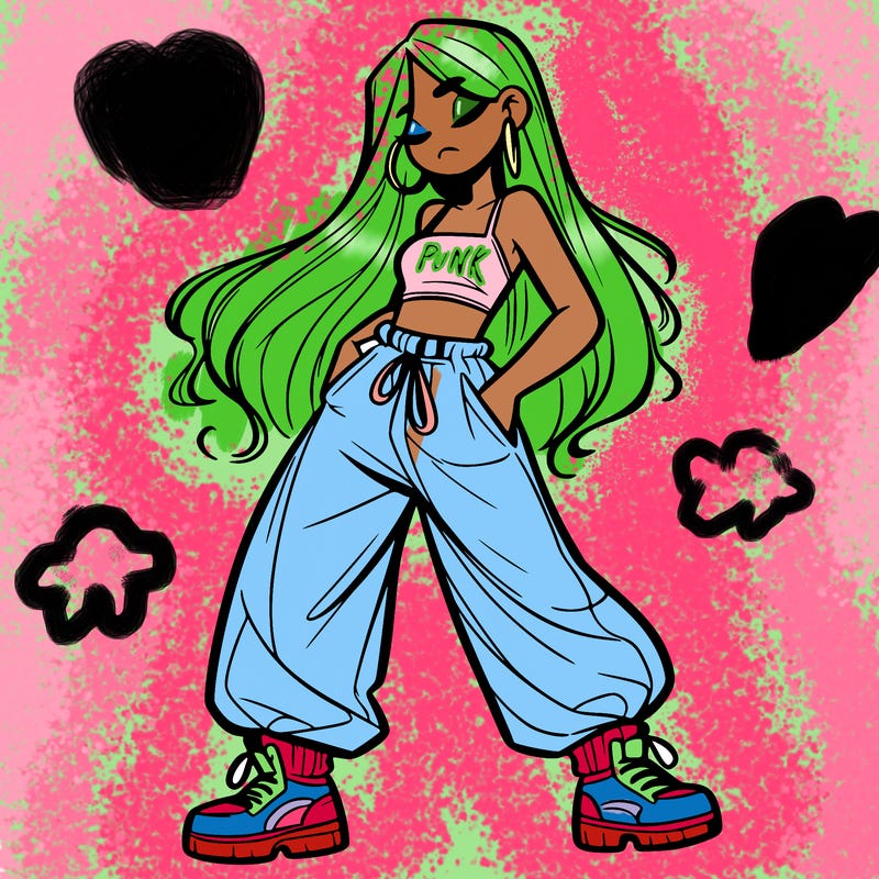 girl in baggy pants crop top and long hair