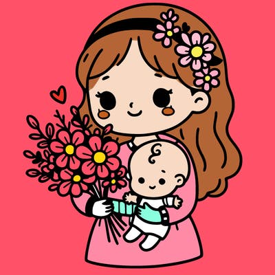 a girl holding flowers and a baby