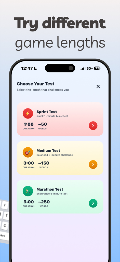 Type Speed: Typing Games Test - Selection screen for typing test durations including Sprint Medium and Marathon tests