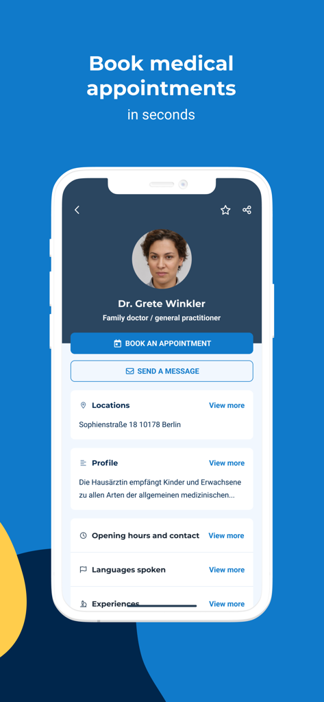 Interfaccia di un'app mobile di Doctolib che mostra il profilo di un medico con opzioni per prenotare un appuntamento o inviare un messaggio