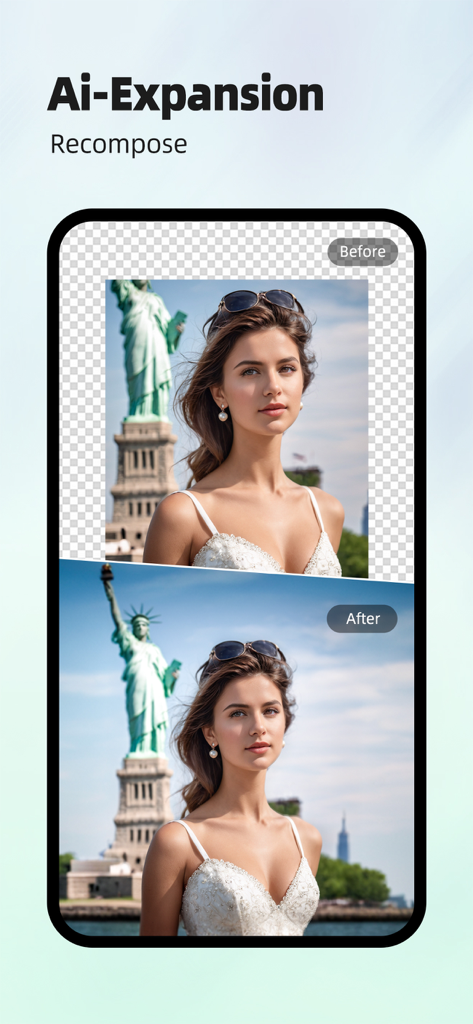 Linpo: Photo Dance & AI Filter - Before and after comparison of a woman photo using AI expansion to recompose the background with the Statue of Liberty