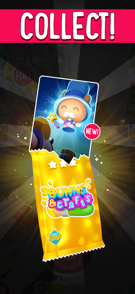 A new character card being collected from a Bunns and Crafts card pack in Board Kings