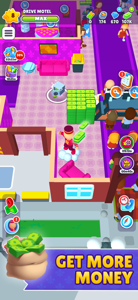 Gameplay screenshot of My Perfect Hotel showing a character collecting stacks of cash and a get more money banner