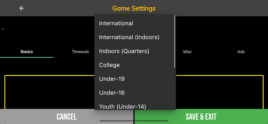 BT Soccer/Football Camera - Menú desplegable en la configuración del juego para seleccionar tipos de partidos de fútbol como fútbol universitario internacional y juvenil
