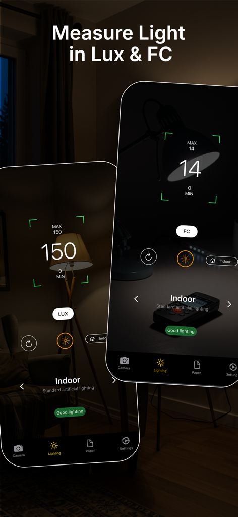 Interfaz de la aplicación Luxmeter mostrando mediciones de intensidad lumínica en Lux y FC para iluminación interior