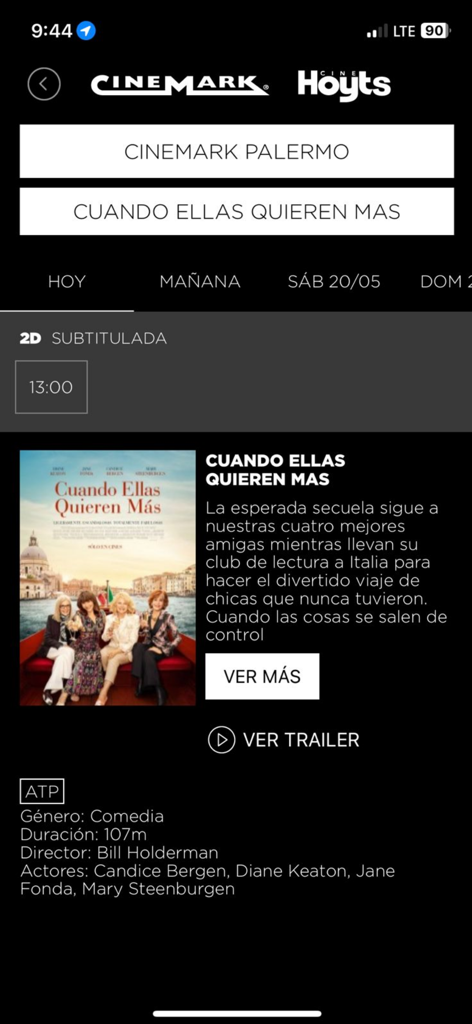 Cinemark Hoyts Argentina app interface showing movie details and showtimes for Book Club The Next Chapter