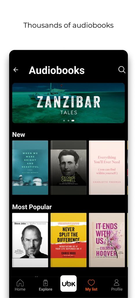 Ubook: Audiobooks - Ubook app interface displaying a collection of popular and new audiobooks including biographies and fiction