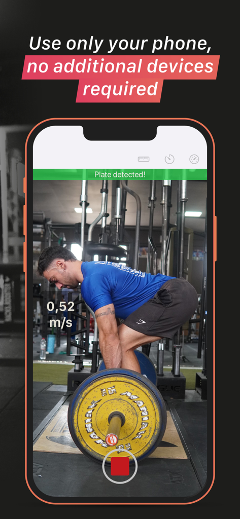 Un smartphone utilisant My Jump Lab pour mesurer la vitesse de la barre pendant un soulevé de terre sans matériel supplémentaire