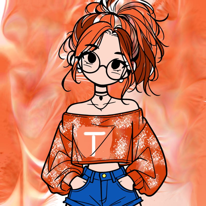 girl with a messy ponytail glasses a baggy crop top and jean shorts