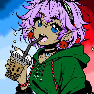 hot baddie anime girl drinking boba and biting the straw