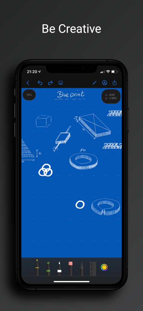 myNotes - Whiteboard - Smartphone screen showing a blue blueprint sketch with geometric shapes on the myNotes whiteboard app