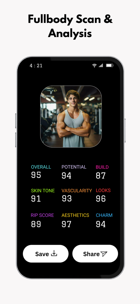 BodyIQ – Track Your Body - BodyIQ app screen showing a full body AI scan with detailed fitness and aesthetic scores for a user