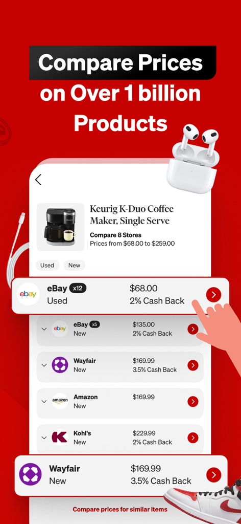 Mobile app interface showing price comparison and cash back offers for a coffee maker across various retailers like eBay Amazon and Kohl's