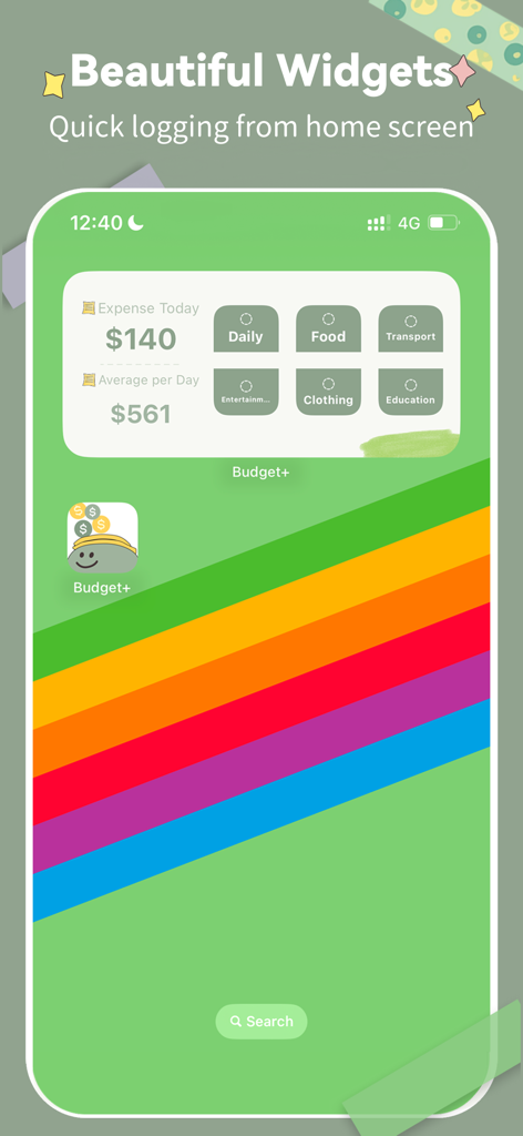SmileBudget mobile app home screen showing a customizable finance widget for quick expense logging and daily tracking.