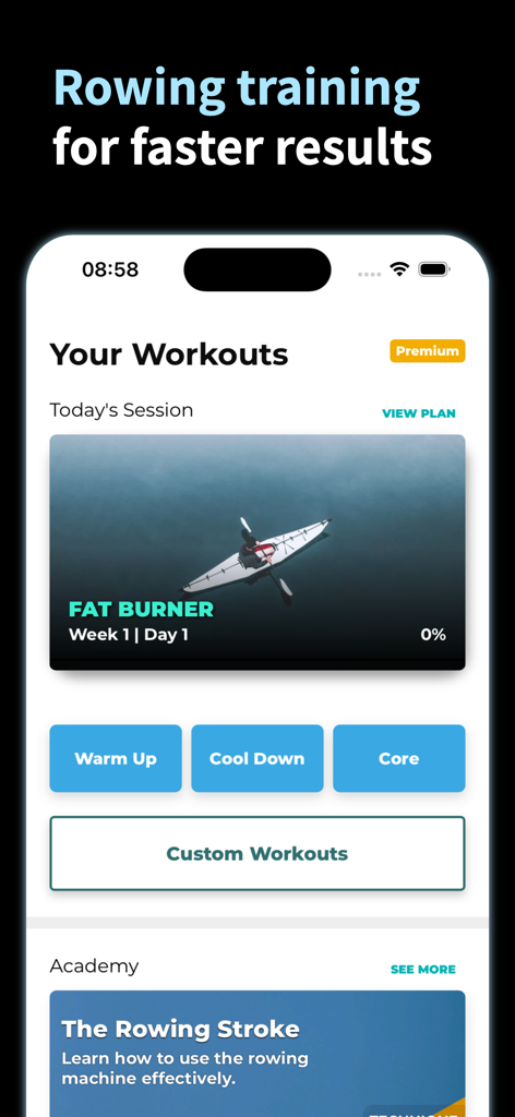 Rowing Machine Workouts - Rowing Machine Workouts app interface showing a training plan for fat burning and buttons for warm up and cool down