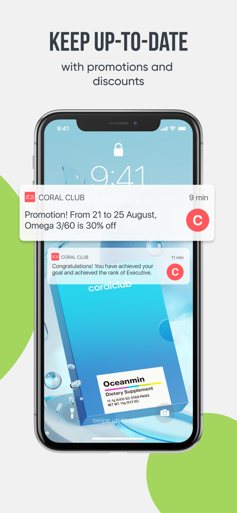 Coral Club - Tela de smartphone mostrando notificações push do aplicativo Coral Club para promoções de produtos e conquistas de classificação de negócios