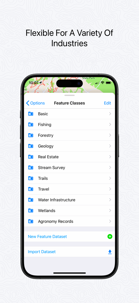 Touch GIS app interface showing a list of customizable feature classes for industries including Forestry Geology and Wetlands
