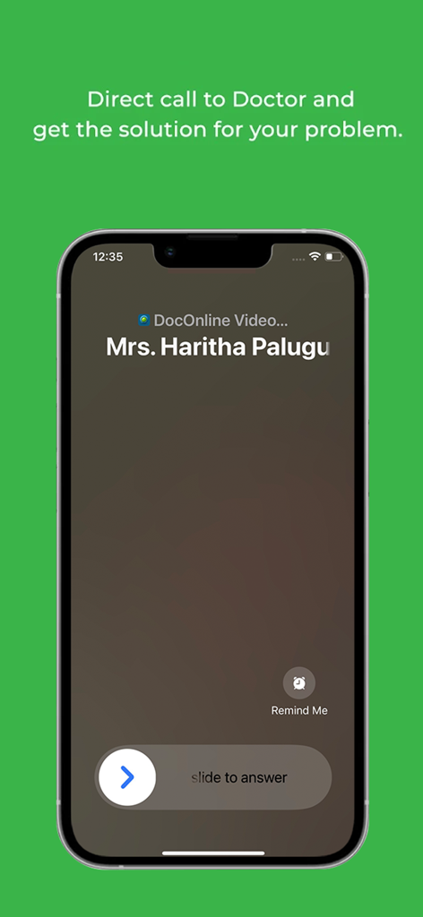 DocOnline: Ask a Doctor Online - iPhone screen showing an incoming video consultation call from a doctor on the DocOnline app