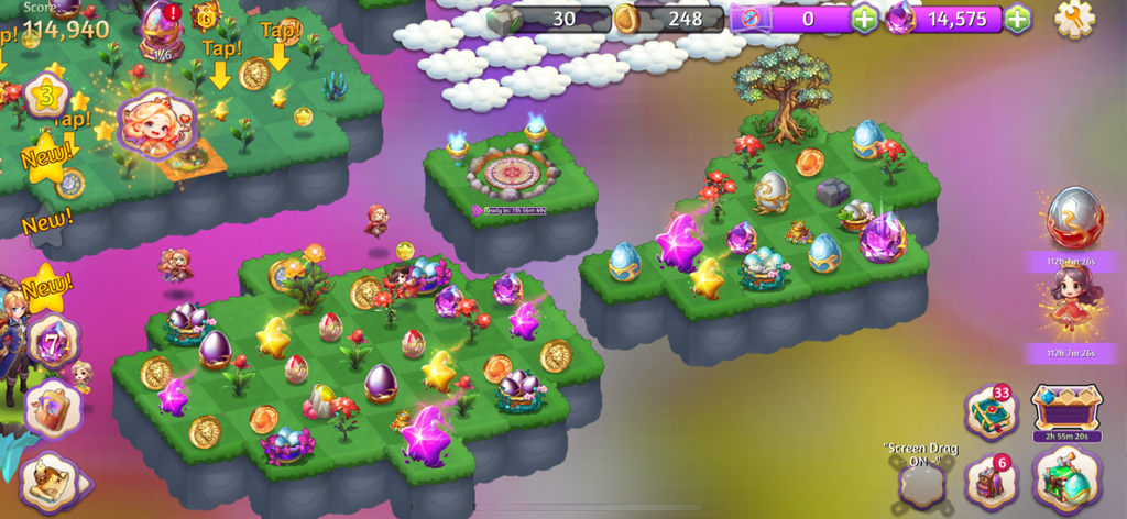 Top-down view of a magical garden in Merge Magic Princess with floating islands and collectible items.