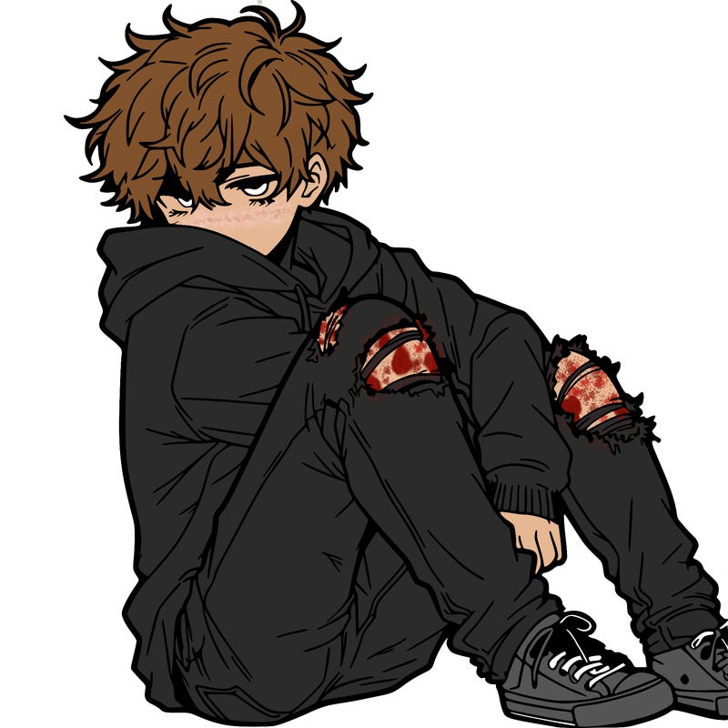 a male hoddie ripped jeans messy hair anime