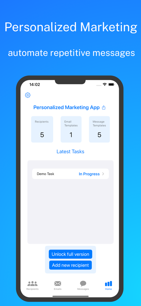 SMS Newsletter: Send bulk sms - Dashboard dell'app Newsletter SMS che mostra destinatari e modelli di messaggi