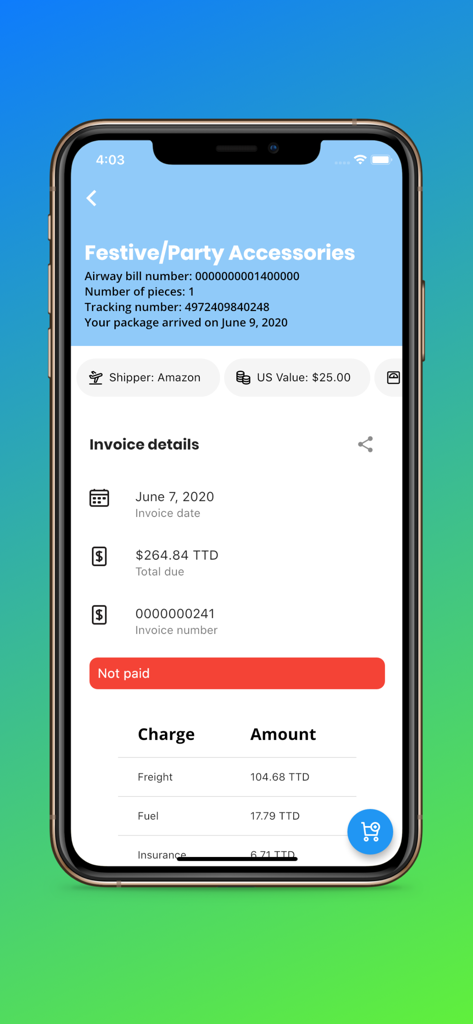 RPM Express Couriers - RPM Express Couriers app interface displaying invoice details and shipping charges for an Amazon package