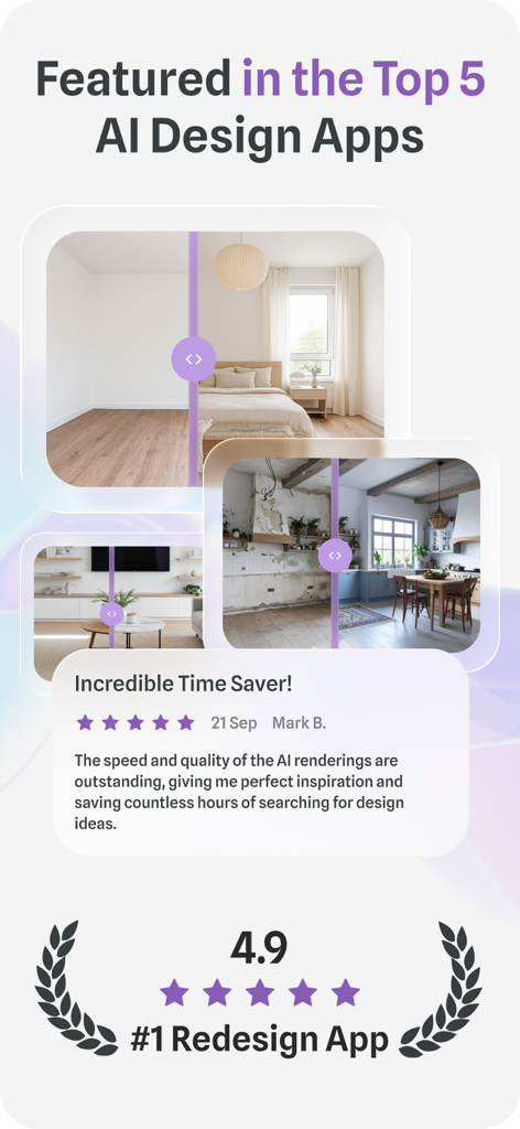 AI Home Design - ReRoomy - Werbebildschirm für die ReRoomy AI Home Design App, der Top-Bewertungen, Nutzerrezensionen und Vorher-Nachher-Raumtransformationen zeigt