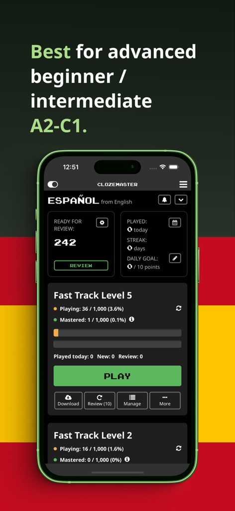 Clozemaster Spanish - Panel de control de la aplicación Clozemaster Español mostrando el progreso de aprendizaje y los niveles de vía rápida para estudiantes intermedios