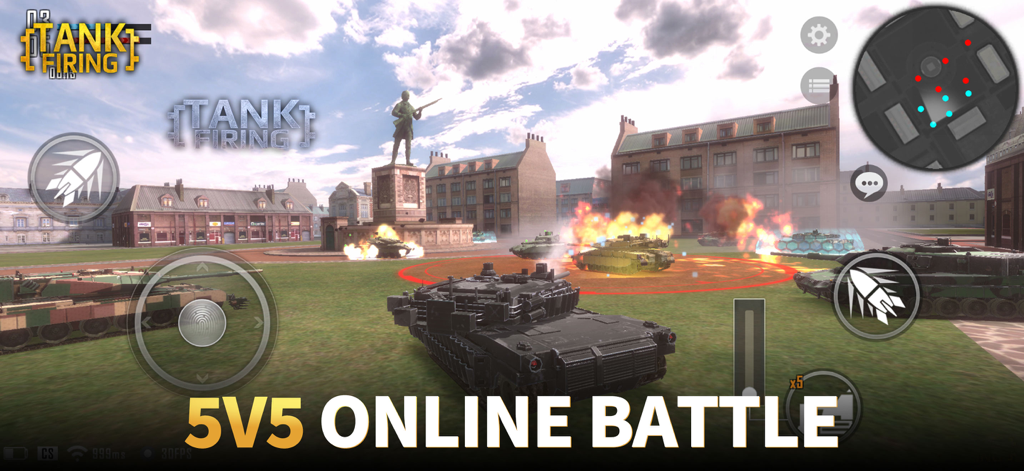 Tank Firing - Jogabilidade do aplicativo Tank Firing mostrando uma batalha de tanques online 5v5 com explosões em uma praça da cidade.