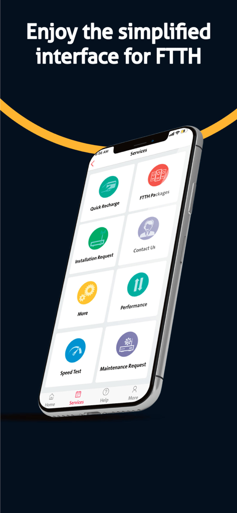 FTTH - L'interface des services de l'application FTTH montrant les options pour les tests de débit et la gestion de compte