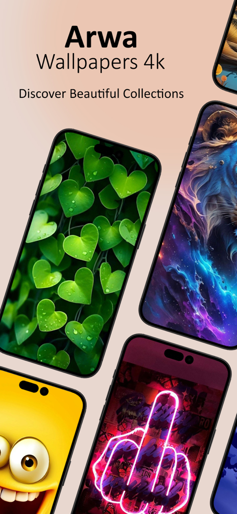 Arwa Wallpaper - A selection of 4K and live wallpapers for iPhone showing heart-shaped leaves and a cosmic lion design