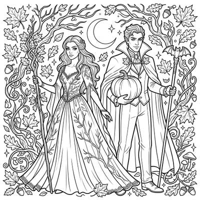 Embrace the gothic romance of autumn with this captivating coloring page featuring a stately vampire couple. Delve into a fantasy world filled with intricate details, falling leaves, and classic autumnal elements.