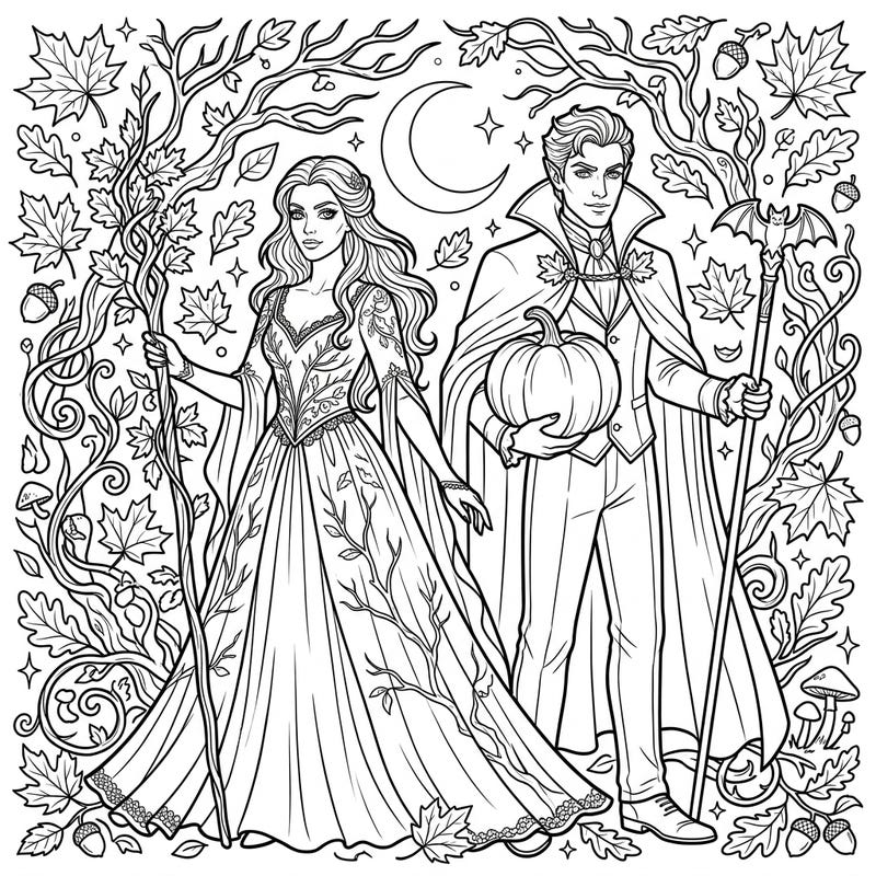 Embrace the gothic romance of autumn with this captivating coloring page featuring a stately vampire couple. Delve into a fantasy world filled with intricate details, falling leaves, and classic autumnal elements.