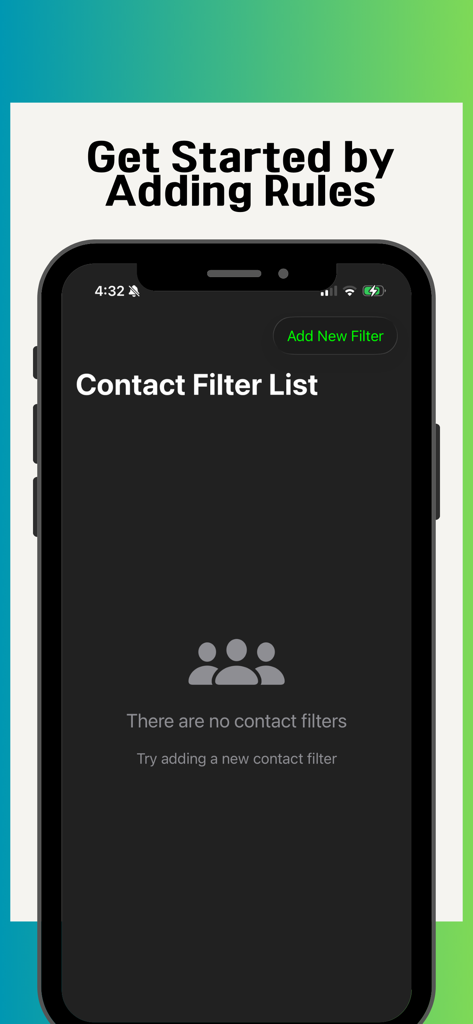 Leerer Bildschirm für die Kontaktfilterliste in der Send Multi SMS App mit einer Aufforderung zum Hinzufügen neuer Filter