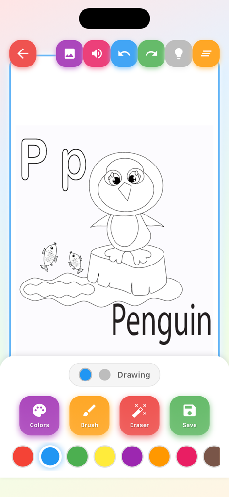Kids Color Book Draw & Learn - A coloring page in the Kids Color Book app showing a penguin and the letter P for early learning.
