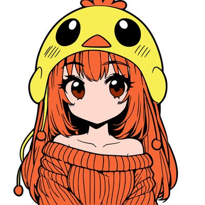 anime girl with chick shaped hat with sweater with bare shoulders with bangs covering them one eye with low tail