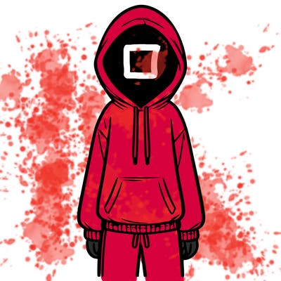 faceless girl in a tracksuit with a hood on and no hair