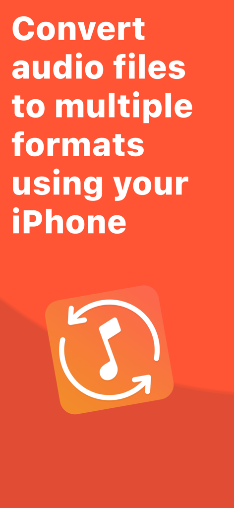 Audio Converter: MP3, WAV, OGG - Text, der besagt, dass mit Ihrem iPhone Audiodateien in mehrere Formate konvertiert werden können, mit einem Musikkonvertierungs-Icon auf orangem Hintergrund
