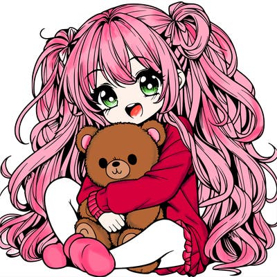 manga girl, long curly hair, happy, cuddling a teddy bear
