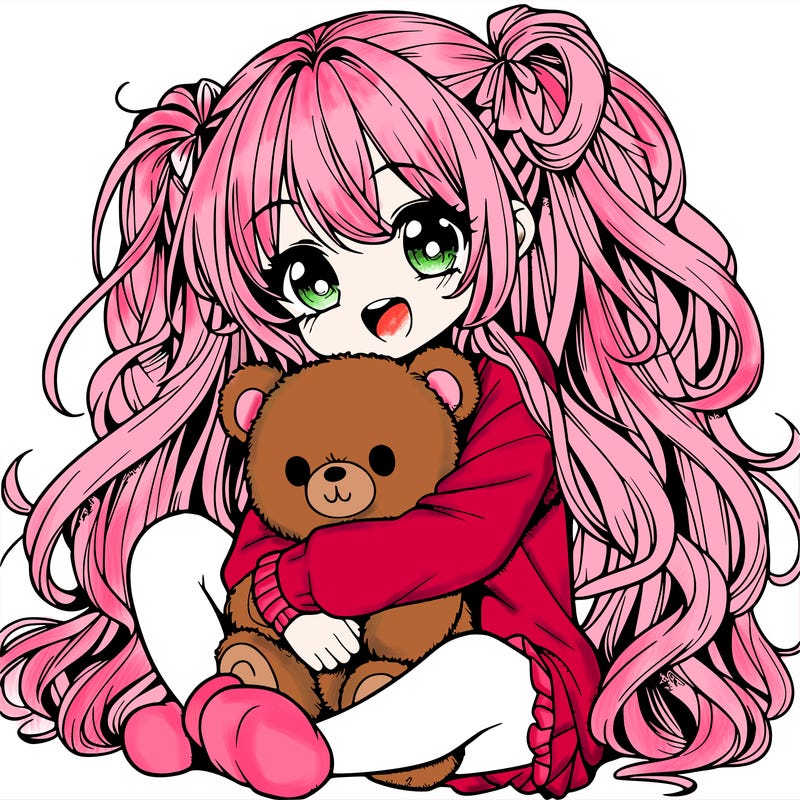 manga girl, long curly hair, happy, cuddling a teddy bear