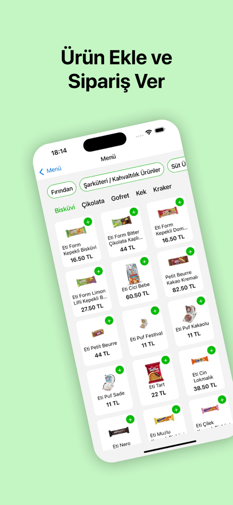 YOUR ORDER - Tela do aplicativo móvel mostrando uma variedade de lanches e doces para pedir em turco