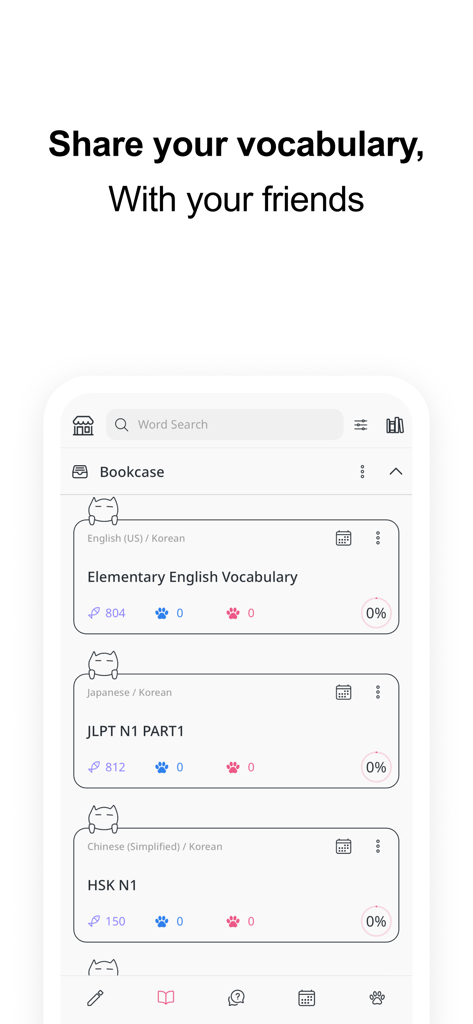 VoCat app interface showing the bookcase section with shared vocabulary lists for English, Japanese, and Chinese.